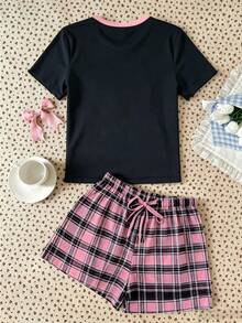 青少年女孩休閒寬鬆極簡風圓領短袖短褲家居服，適合春夏穿著 - 彩色 - 查看 3