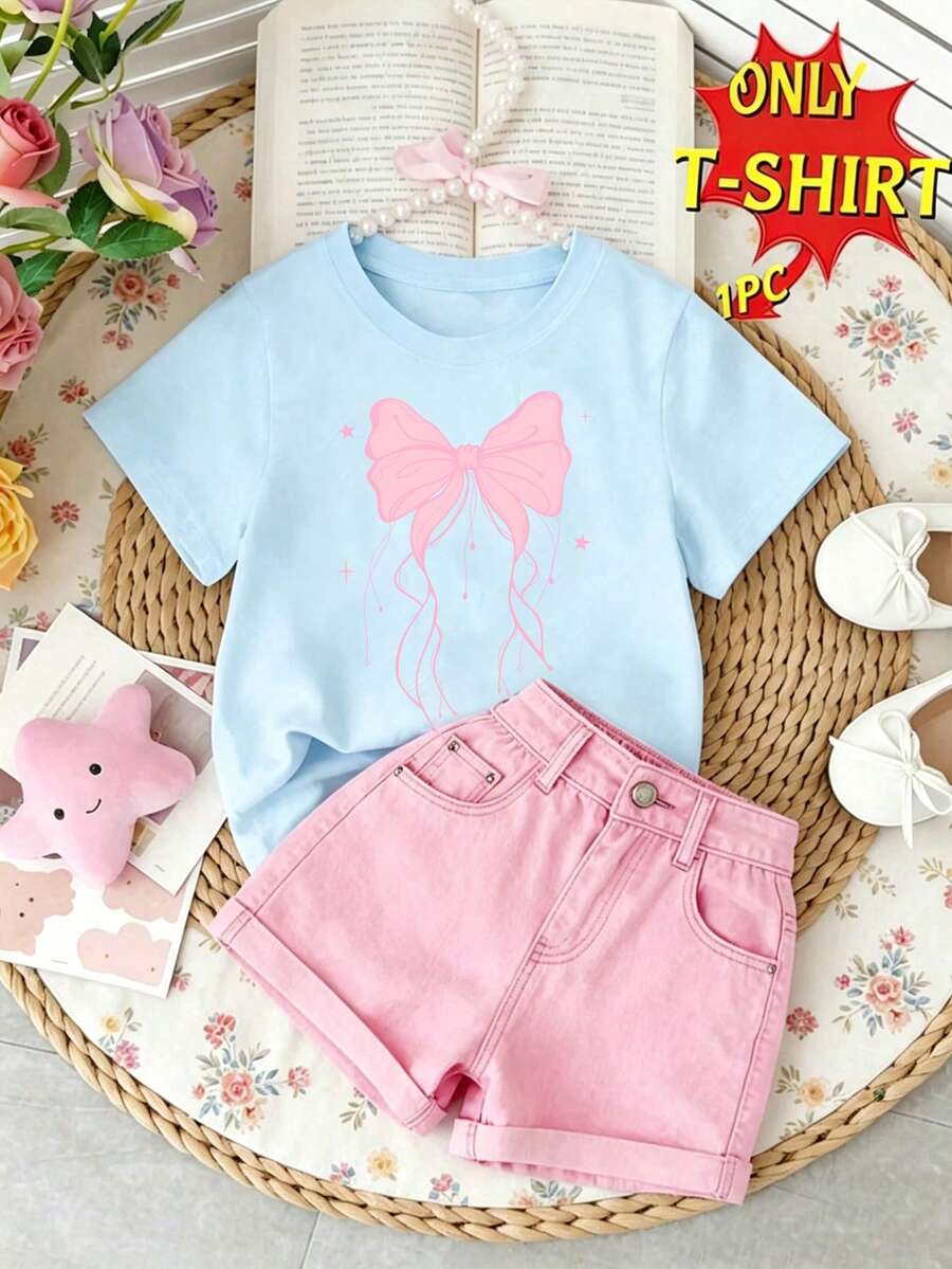 Elladie kids 女童時尚清新極簡風粉色蝴蝶結與愛心圖案印花休閒基礎款短袖T恤 - 藍色 - 查看 1
