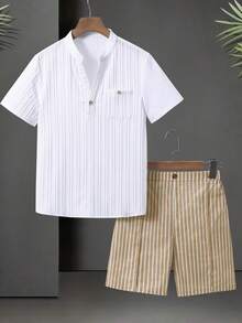 SHEIN 儿童/青少年男童休闲度假校服套装，白色衬衫搭配条纹松紧腰短裤，适合通勤、上学、日常休闲、运动、春夏季节、海滩度假等场合。 - 白色 - 查看 3