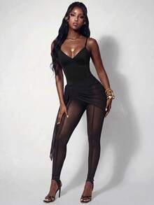 Amplova Women's Triangle Cup Fine Strap Criss-Cross Adjustable Wrap-Around Tight Mesh Satin Jumpsuit - Black - View 4