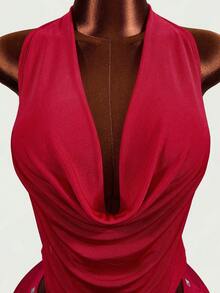 Mistrie Wine Red Rivet Draped Neck 2 Pieces Set, Cowl Neck Hollow Pleated Bodycon Mini Skirt Sexy Nightclub Outfit - Red - View 6