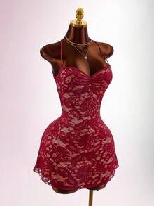 Amplova Ruched Lace Cup Backless Criss-Cross Tie Strap Dress - Burgundy - View 11