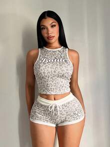 SHEIN SXY 女款字母豹紋短版背心與短褲休閒兩件套 - 彩色 - 查看 3