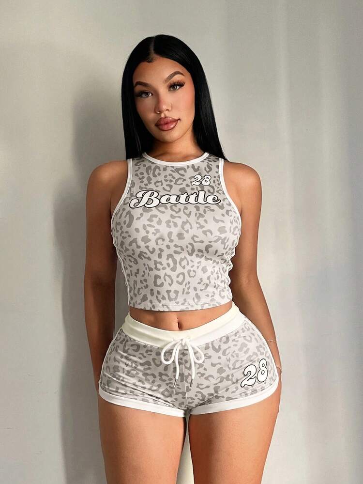 SHEIN SXY 女款字母豹紋短版背心與短褲休閒兩件套 - 彩色 - 查看 3