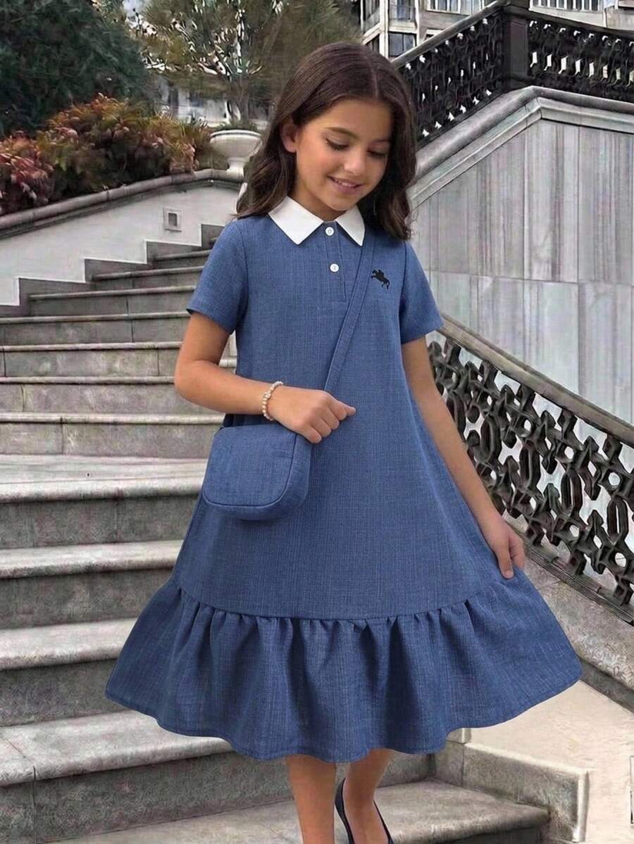 青少年女孩休閒舒適立領拼色羅紋純色洋裝，返校公主裙，適合畢業舞會、生日派對，Y2K時尚街頭個性甜酷風，兒童藍色 - 藍色 - 查看 1