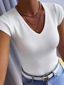 DAZY V-Neck Ribbed Slim-Fit Sleeveless Tank Top, Versatile Minimalist Knit Vest For Women - White - View 1