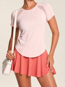 SHEIN BAE Activina Women Solid Color Round Neck Raglan Sleeve Short Sleeve Sports T-Shirt Gym Shirts - Pink - View 3