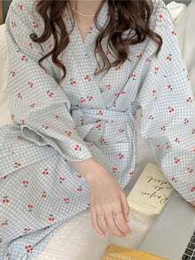 女款輕量長袖晨袍 格紋印花和服式家居服 可愛簡約春秋冬居家服 柔軟浴袍 自我呵護與放鬆適用 - 櫻桃 - 查看 5