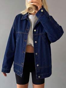 SHEIN ICON Women's Loose Casual Long Sleeve Denim Jacket - Black - View 4