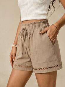 EMERY ROSE Shorts de verano para mujer talla grande con ribete de encaje, cintura con cordón y bolsillos - Caqui - Ver 4