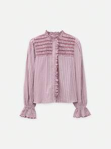Nöista Blusa de rayas finas rosa con bordado de panal y volantes, estilo retro francés. Primavera, verano, otoño, top versátil, vuelta al colegio - Rosa - Ver 9