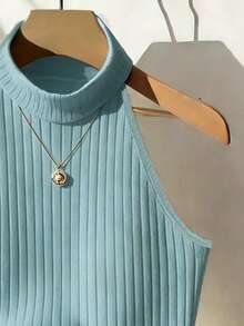 Franclia Women's Solid Color Ribbed Casual Versatile Halter Neck Tank Top - Blue - View 4