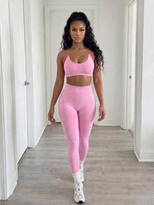 BamGleam Women's Fashion High Waist Contrast Color Seamless Activewear Set Pink Gym Set - Pink - View 6