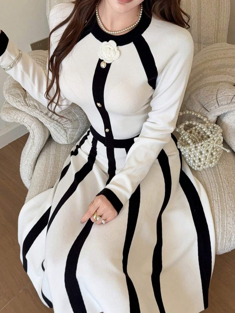 Feyla Women's 3D Floral Decor Colorblock Long Sleeve Top And Skirt Knit Set - Multicolor - View 1