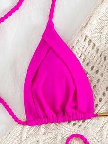 SHEIN New Europe & America Women Summer Beach Outfits, Macrame Tie Solid Color Triangle Bikini Swimwear 2 Pieces Set - Hot Pink - View 5
