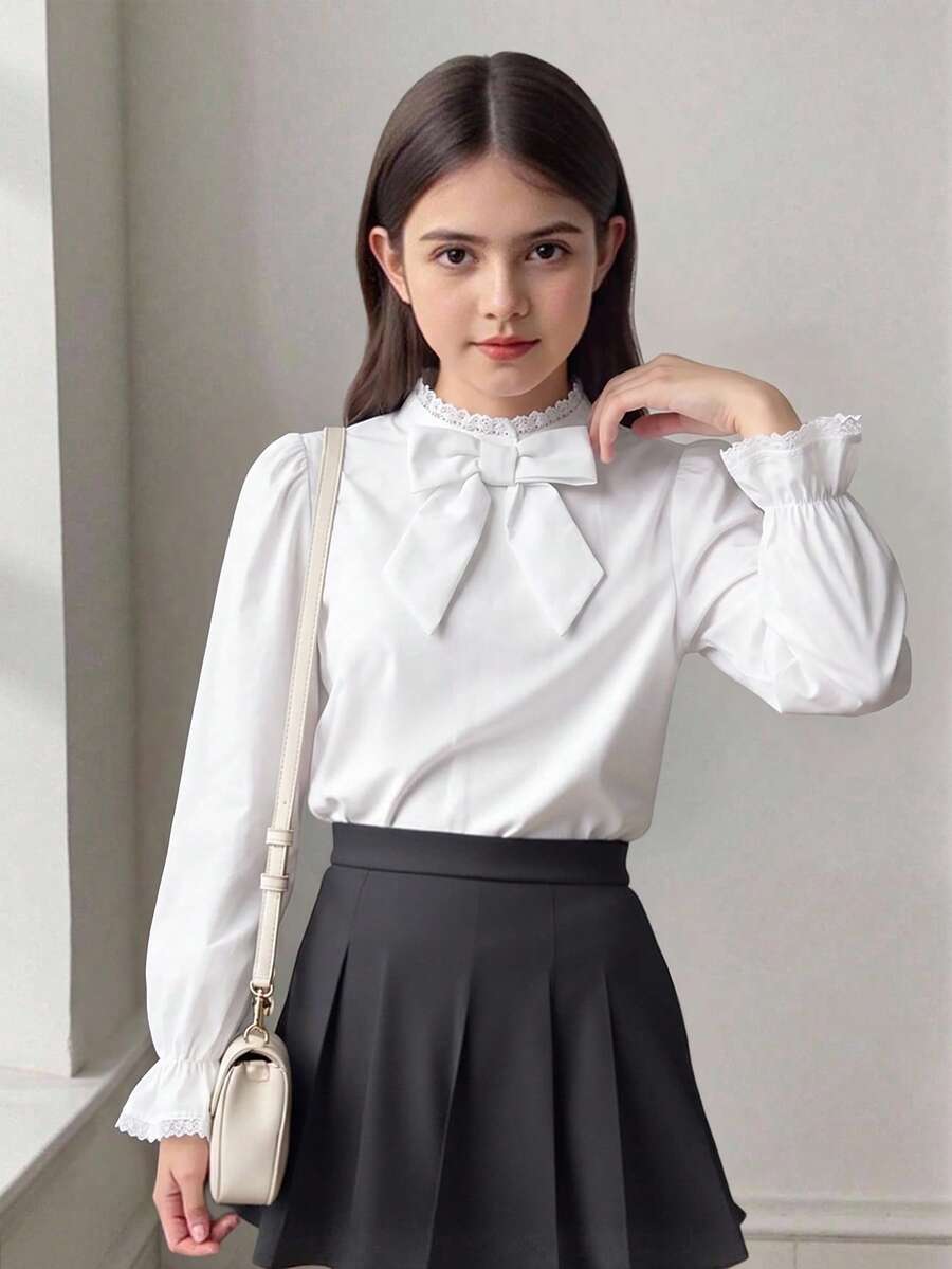 SHEIN 少女休閒優雅可愛通勤蝴蝶結荷葉袖襯衫 可拆卸 開學季 白色校園風 秋季舒適日常穿搭上衣 鈕扣式 - 白色 - 查看 1