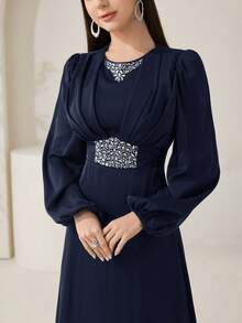 Veilorie New Luxury Elegant Heavy Embellished Rhinestone Exquisite Waist-Cinched Pleated Party Dress - Navy Blue - View 1