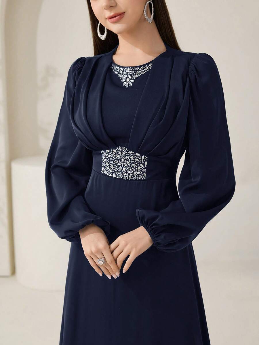 Veilorie New Luxury Elegant Heavy Embellished Rhinestone Exquisite Waist-Cinched Pleated Party Dress - Navy Blue - View 1