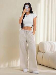 SHEIN PETITE 女款純色腰綁帶口袋長褲，舒適，適合春、夏、秋、冬 - 彩色 - 查看 4