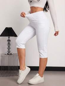 SHEIN Tall 女款彈性腰口袋修身短版牛仔褲 - 白色 - 查看 7