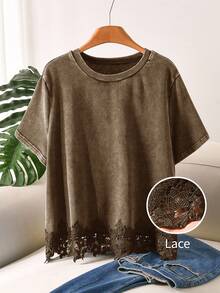 CosyJoli Maglietta da donna taglie forti a maniche corte nera con design fiocco di neve lavato, casual e versatile, adatta per uso quotidiano e uscite - Castano - Visualizzare 2