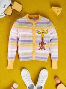 TOM & JERRY X SHEIN Tween Girl Cartoon Animal Stripe Print Round Neck Cardigan - Multicolor - View 4