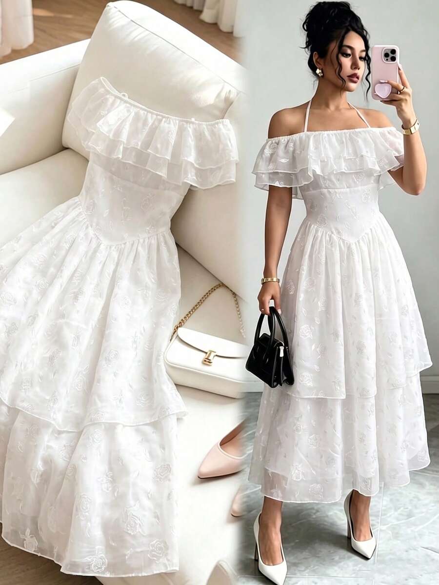 Modelyn 白色鏤空綁帶荷葉邊優雅浪漫法式風格女款婚禮中長洋裝，適合茶會與度假