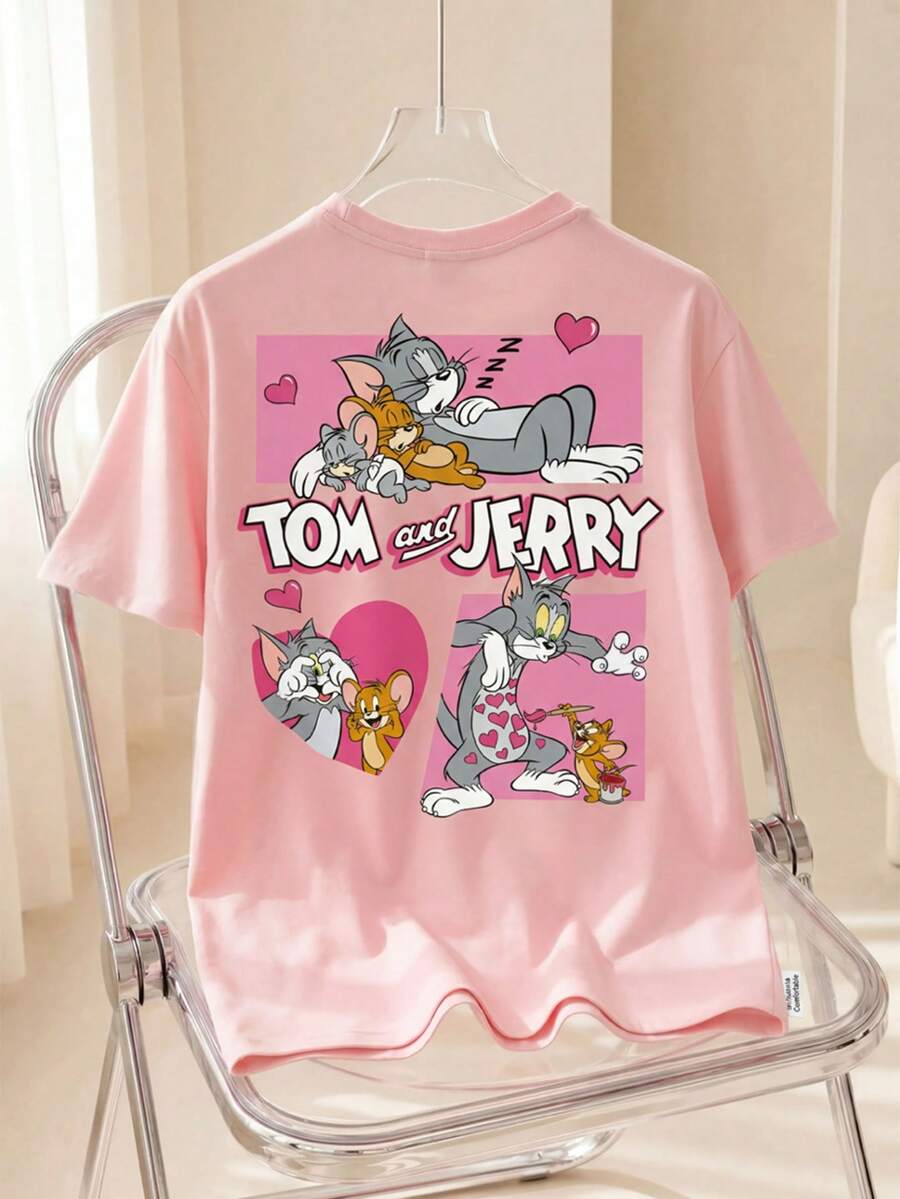 TOM & JERRY X SHEIN 女士休闲日常通勤情人节可爱卡通爱心字母图案短袖粉色T恤 - 粉色 - 查看 1