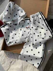 Comfortcana Women's Polka Dot Print Hoodie & Pants 2 Pieces Set - White - View 5