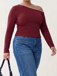 Solavibe Plus Size Spring/Autumn Casual Simple Normal Asymmetrical Collar Long Sleeve T-Shirt Dates Fashion Week Vacation Burgundy - Burgundy - View 6
