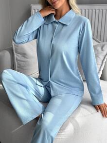 SHEIN 女款兩件式襯衫與寬腿褲棉質睡衣套裝 - 淺藍色 - 查看 6