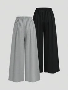 Sweetra Simple Casual Lazy Home Office Commute Daily Date Shopping Elastic Waist Wide Leg Pants Set For Women, Black And Grey, Spring Summer Autumn - Multicolor - View 2