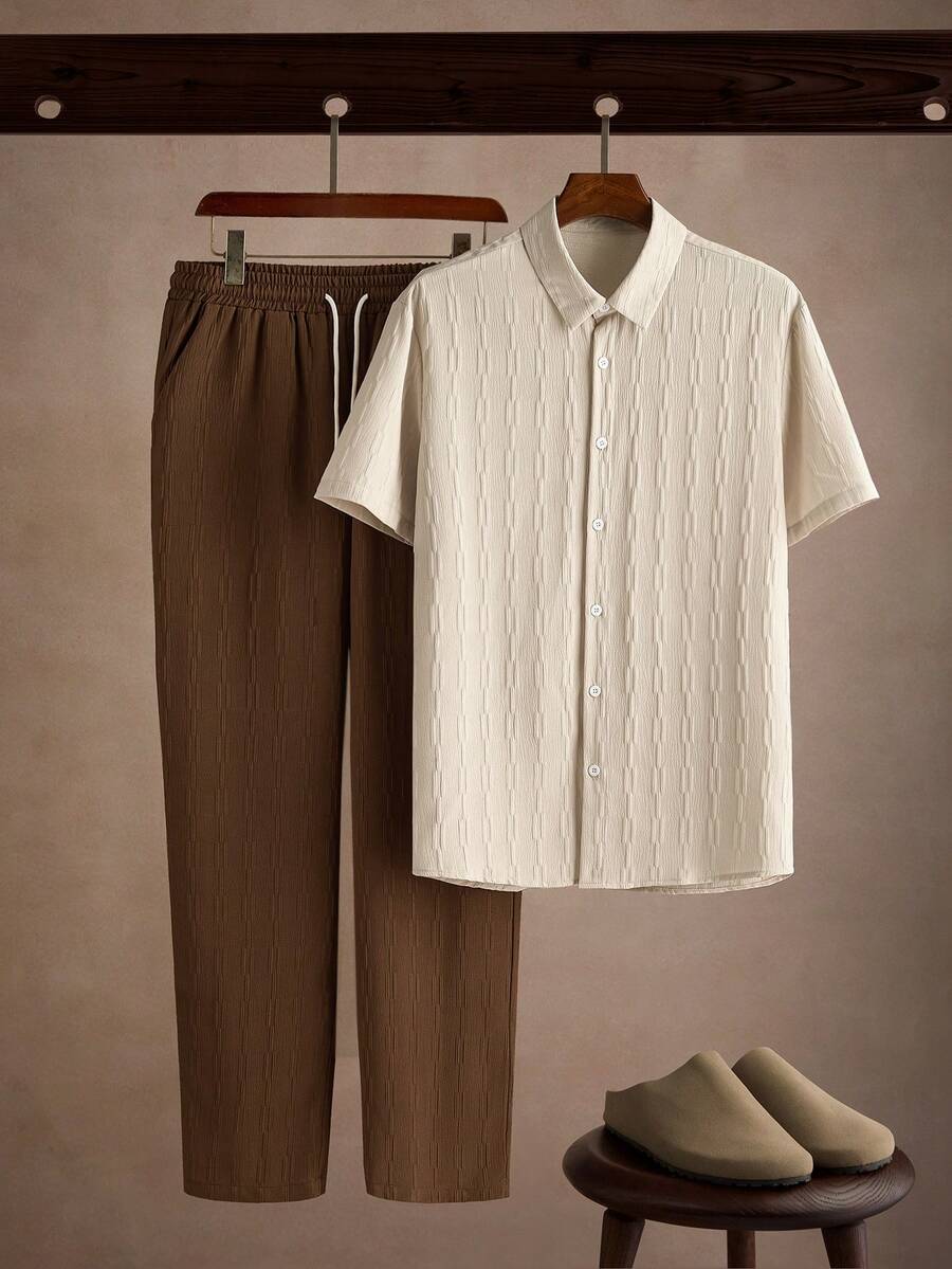 Core Aspect Men's Solid Color Short Sleeve Single-Breasted Shirt And Drawstring Waist Long Pants Set - Multicolor - View 1