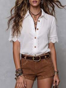 Solivie Women's Elegant French White Short Sleeve Shirt, Summer Office Work Casual Boho Lace Trim Button Down Blouse, Retro Single-Breasted Versatile Top - White - View 10