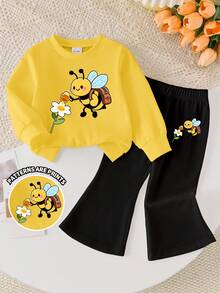 SHEIN Playful Pals 女嬰 2 件套 小蜜蜂花卉印花圓領長袖衛衣上衣＋喇叭褲 秋冬度假派對 淡黃色黑色 - 彩色 - 查看 6