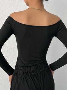 DAZY Women's Solid Color Off-Shoulder Slim Fit Versatile Daily Long Sleeve Top - Black - View 3
