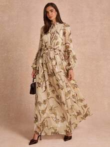 Enchnt Premium Pre-Fall Romantic Women's Elegant Apricot Stylish Silhouette Print Long Dress,Festival Outfits,Casual Dress,Work Outfits,Office Wear - Coffee - View 5