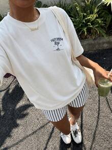 青少年女孩休閒極簡風寬鬆圓領短袖T恤與寬鬆短褲兩件套，適合春夏穿著 - 彩色 - 查看 6