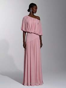 Elitara Elegant Dusty Pink Stretch Mesh Bridesmaid Dress Hand-Pleated Asymmetrical Neckline Tulip Design Pleated A-Line Formal Wedding Evening Party - Pink - View 7