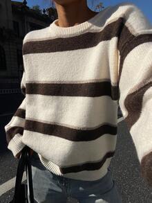 Dazy Tall Women's Round Neck Loose Long Sleeve Striped Pullover Casual Sweater School Fall - Apricot - View 5