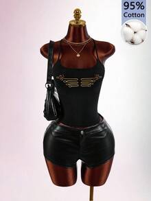Amplova Black And Gold Foil Spaghetti Strap Sleeveless Fitted Military Style Vintage Sexy Criss-Cross Backless Women's Mini Tank Top Club Night Out Summer - Black and Gold - View 11
