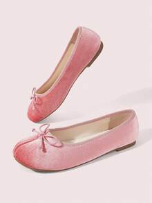 CUCCOO DOLLMOD Women's Velvet Bow Detail Split Toe Flat Elegant Pink Ballet Flats Daily Casual Shoes Fall Shoes - Pink - View 3