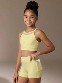 SHEIN Tween Girls Yellow Sports Set, Mesh Patchwork Design Sports Top + Sports Shorts, Tight High Elastic Fabric Comfortable Fit 4-Way Stretch, Glowmode - Yellow - View 5