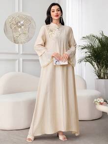 Al Najma 宽松长袖女式阿拉伯风格连衣裙，带贴花领、网眼袖子缝线 - 杏色 - 查看 5
