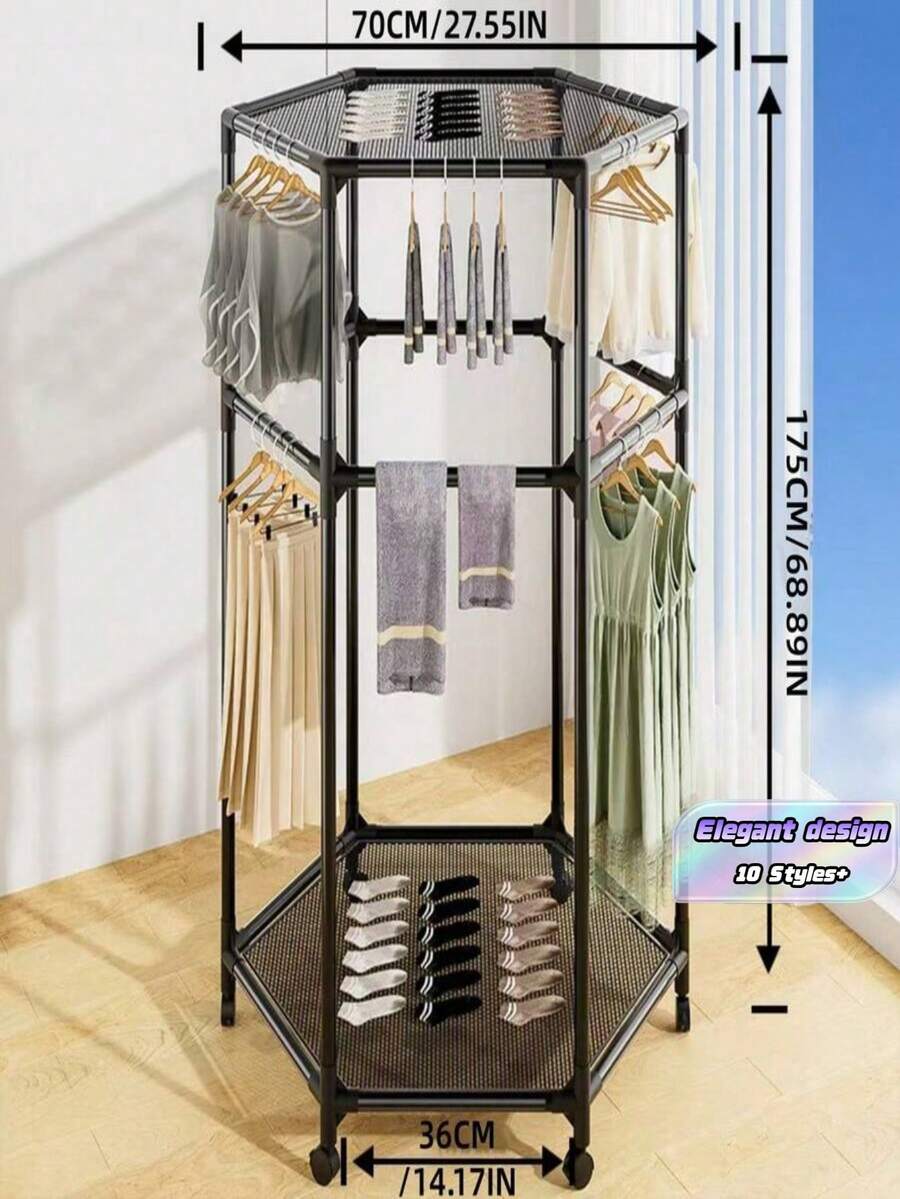 1件六角形可移動衣物晾曬架附輪子,360°旋轉服飾展示架,適用零售店、陽台、臥室、宿舍,多功能單/雙層晾衣架,黑白可選 - 彩色 - 查看 1