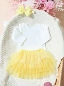 SHEIN 新生女嬰攝影道具 1個月大連身衣附蓬蓬裙與蝴蝶結髮帶 迎新禮/洗禮/生日/節日禮物 白色紅色馬卡龍色 夏季可愛款 - 彩色 - 查看 2