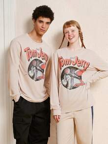 TOM & JERRY X SHEIN Unisex 1pc Cartoon Pattern T-Shirt - Khaki - View 1