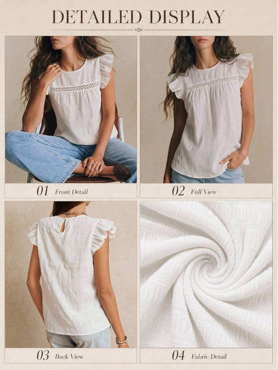 Poéselle White,Summer,Elegant,Tea Party Stand Collar Ruffle Hem Butterfly Sleeve Shirt,Contrast Lace Vertical Grain Crape Boho Chic Cottagecore Wedding Top