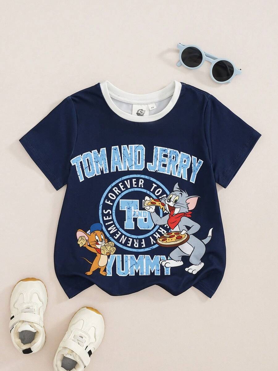 TOM & JERRY X SHEIN 小男孩夏季休閒卡通印花短袖T恤 - 藏蓝色 - 查看 1