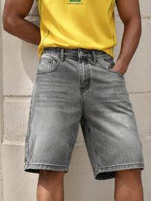 Manfinity EZcore Men Plus Size Grey Casual Wide Leg Denim Shorts, Versatile Knee Length Inseam - Light Grey - View 1